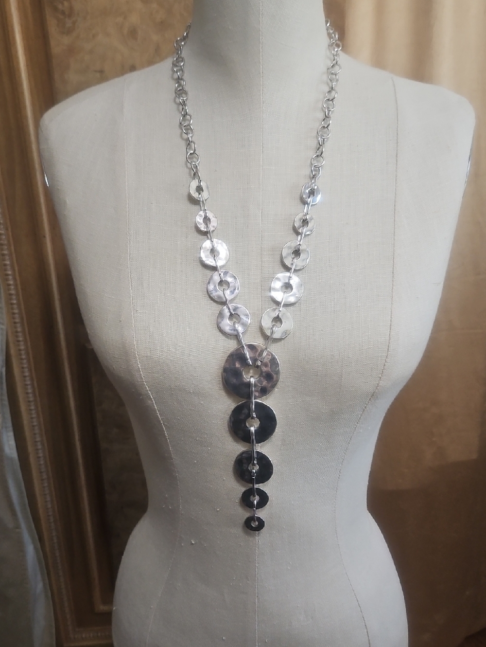 Chico's Silver-Tone Hammered Disc Long "Y" Necklace